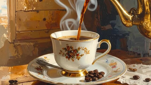A golden teapot pours hot dark coffee into a delicate floral porcelain teacup