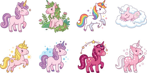 Cute magical unicorn cartoon characters set with rainbow manes starry skies and fluffy clouds for kids stickers vector © Halima