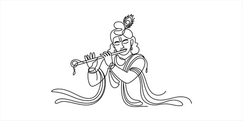 Lord krishna playing the flute continuous line drawing illustration © Pabon Art Gallery