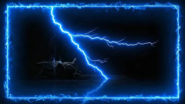 A bright blue lightning bolt strikes a dark inside a glowing energy frame