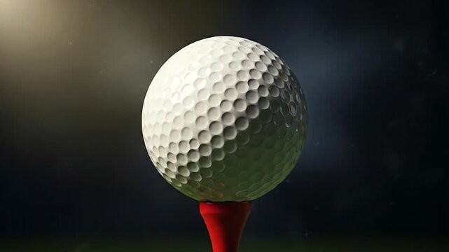 A white golf ball sits balanced on a red tee against a dark background