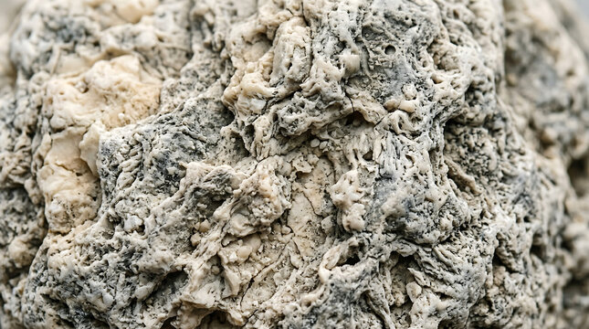 Raw ambergris extreme macro texture abstract ivory grey surface isolated on white background, luxury perfume material photography