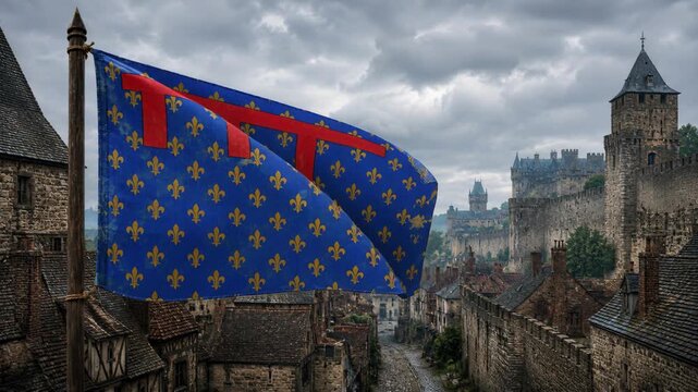 Anjou Fleur de Lis Flag over Historic City and Period Architecture