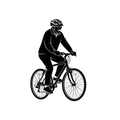 Naklejka premium Senior man riding a bicycle wearing a safety helmet and sunglasses, black and white vector illustration of an elderly male cyclist exercising on an isolated white background.