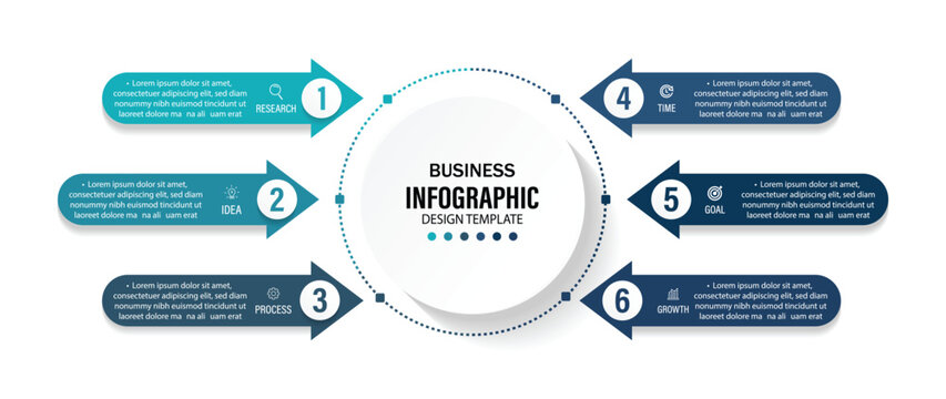 six steps infographic arrow diagram. Presentation business infographic template vector. Business data visualization. Timeline design for brochure, presentation. Infographic design layout.