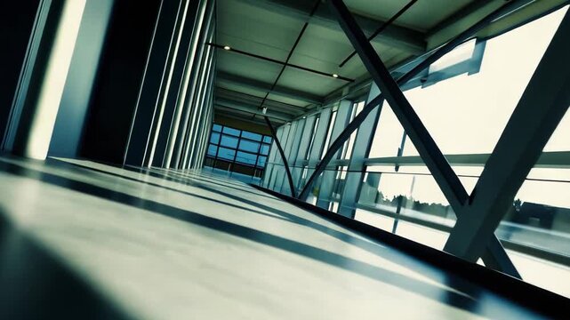 Modern architecture with a striking glass facade and steel structures, creating an abstract background of geometric shapes, reflections, and contemporary design elements