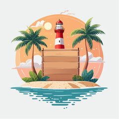 Obraz premium Tropical Island Scene with Lighthouse and Wooden Sign