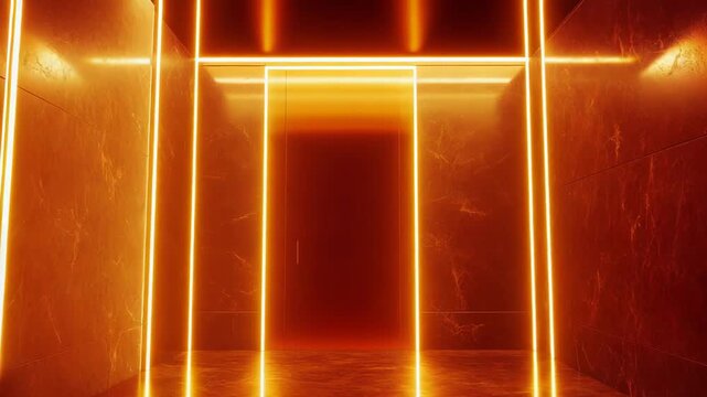 Abstract marble tunnel leading to a glowing red portal, lined with golden neon strips reflecting on a textured floor, evoking futuristic technology and immersive journey