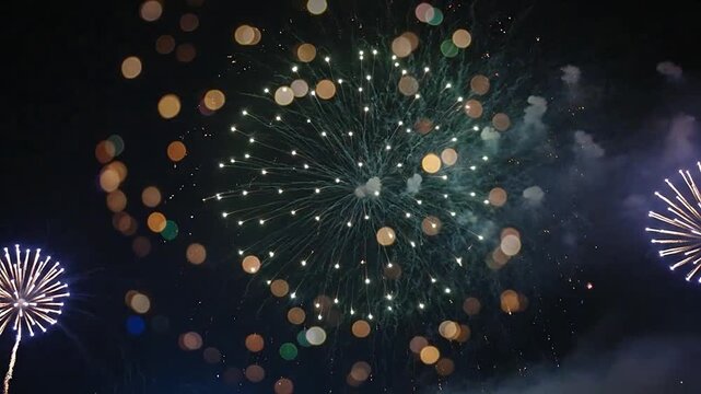 Bright white fireworks explode in the dark night sky during a celebration