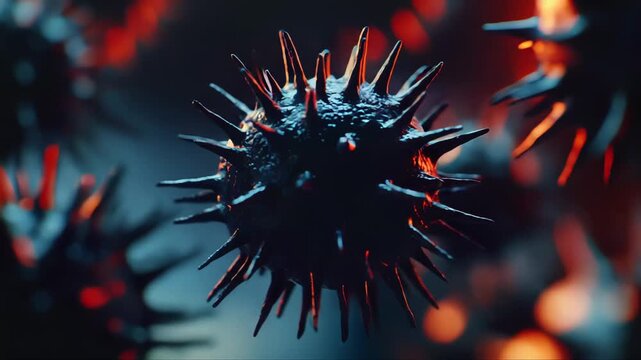 Virus cells with surface spikes floating in fluid, detailed 3d rendering illustrating infection, pathogen spread, virology, microbiology, and medical research implications