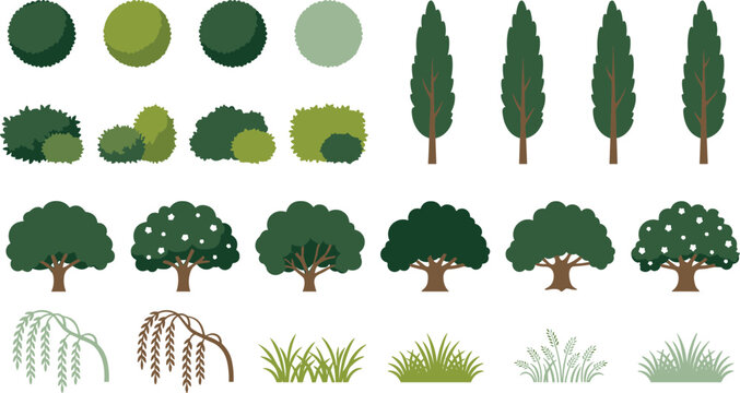 Flat green trees bushes cypress and grass elements set for park landscape architecture site plan design illustration vector