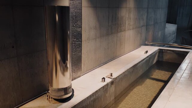 Modern brutalist interior featuring a narrow rectangular pool filled with clear water. Surrounded by textured grey concrete walls and flooring. Creating a serene and contemplative architectural space
