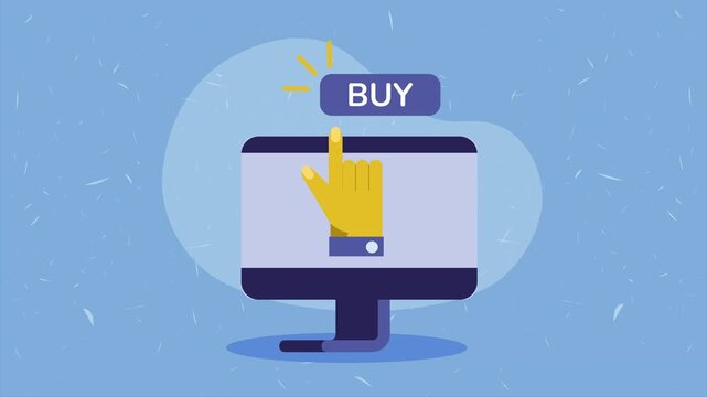 Online shopping animation with hand clicking buy button on computer screen for e-commerce concept.
