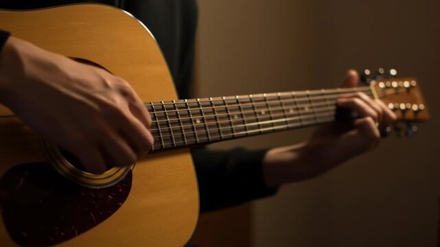 Intimate Acoustic Guitar Performance For Video With Focused Hands.