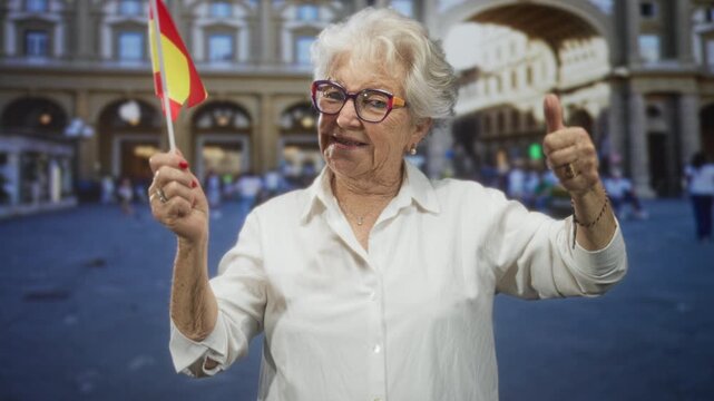 Elderly woman holds spanish flag and shows thumbs up with right hand on a city street; patriotic pride.