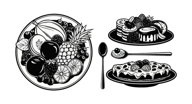 Top view vector illustration of a fruit platter including pineapple, berries, and citrus, alongside a layered cake, fruit tart, and a spoon in black and white graphic style.