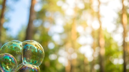 Fototapeta premium Soap bubbles in sunny forest with bokeh background