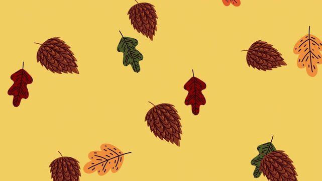 Animated autumn leaves falling on yellow background featuring hand drawn oak and pine cone elements.
