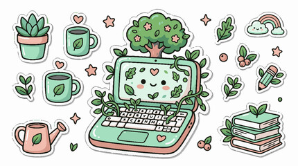 Fototapeta premium Cute hand drawn sticker set with laptop and nature elements.