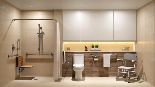 Modern accessible bathroom with roll in shower and wheelchair roll in grab bars neutral colors