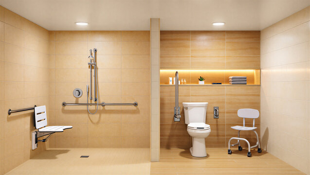 Spacious accessible bathroom with separate shower and toilet areas grab bars neutral colors