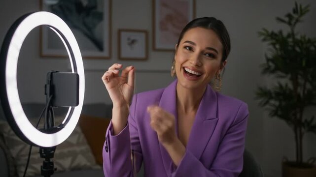 Video tutorial of woman applying makeup with ring light.