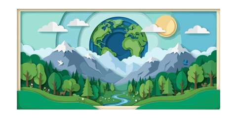 Fototapeta premium Paper Cut Earth with Forest Landscape, Eco Nature Environment Concept, Layered Vector Illustration
