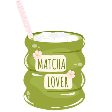 Cute iced matcha green tea latte in ripple glass cup with pink straw and cherry blossom flower sticker hand drawn digital illustration kawaii cafe aesthetic for sticker and sublimation isolated