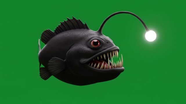 CGI fish with glowing lamp on line over green screen video.