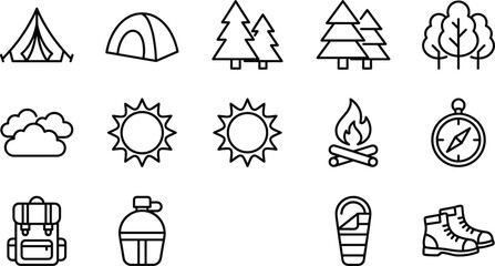 Minimalist outdoor camping line art icons set with tent backpack campfire tree compass and hiking boots vector © Halima