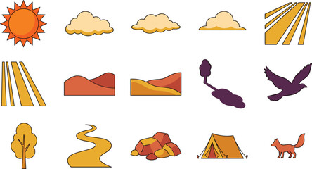 Nature camping landscape elements set with sun clouds mountain hills path tree tent bird and fox illustration vector © Halima