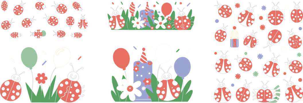 Cute ladybug cartoon illustration set featuring garden insects, flowers, balloons and playful nature themed vector collection design