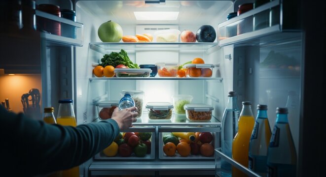 Open refrigerator stocked with fresh produce and beverages, person reaching for a bottle