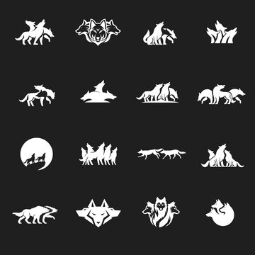 Wolf Logo Collection. Set of diverse white wolf designs including howling wolves, wolf packs, and multi-headed wolf graphics on black background.