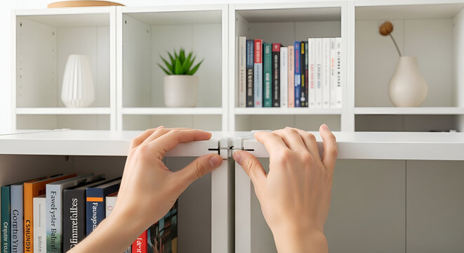 Hands assembling a white bookshelf with books and decor