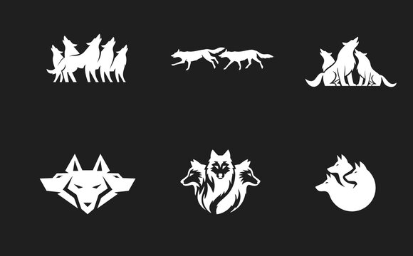 Collection of Wolf Logo Designs - Howling Wolves Pack, Running Animals, and Stylized Geometric Head Vector Illustrations on Black Background