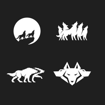 Wolf logo collection featuring howling wolves, a wolf pack under the moon, stylized dynamic profiles, and a fierce geometric three-headed wolf emblem.
