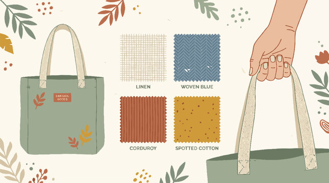 Eco friendly reusable tote bag design with material texture samples and hand holding bag.