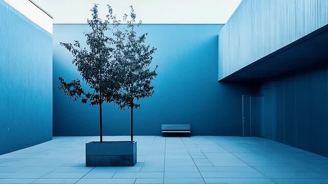 Modern architectural design creating a serene, minimalist courtyard space, featuring a single tree in a planter and a wooden bench against blue walls, evoking solitude and peace