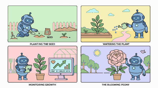 Four panel comic strip featuring a cute robot gardening through growth stages.
