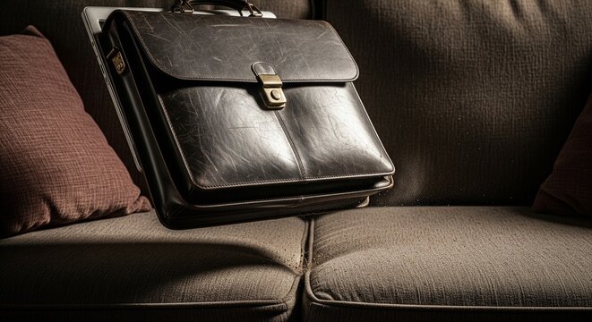 A vintage leather briefcase rests on a plush couch, evoking a sense of timeless professionalism and sophisticated style