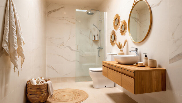 Modern bathroom with wood vanity marble tiles walk in shower interior design bathroom cabinet