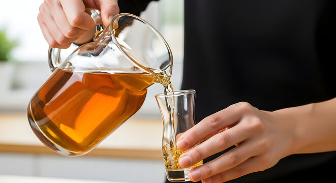 Traditional tea pouring into glass cup, person serving hot herbal tea from glass pitcher, golden amber beverage in modern kitchen setting