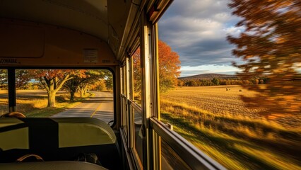 Fototapeta premium Autumn scenery seen through the windows of a moving school bus, depicting rural landscape