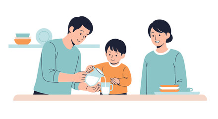 Obraz premium Family Pouring Milk for Child, Healthy Lifestyle, Kitchen Scene