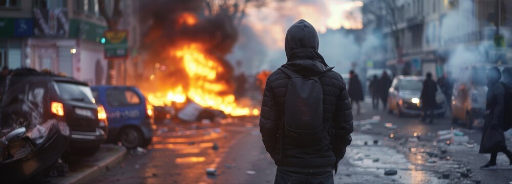 Apocalyptic Street Scene: A lone figure surveys a desolate urban landscape marred by destruction, engulfed in flames and smoke. conveys a sense of chaos and impending disaster.