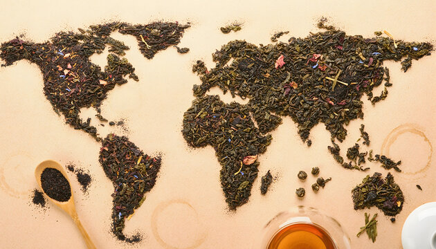 World map crafted from loose tea leaves, showcasing global tea culture and consumption with a cup of brewed tea and a wooden spoon.