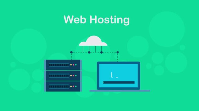 Web hosting infrastructure connecting server and laptop with cloud network connectivity for data transfer and download.