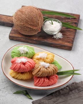 getuk singkong made from steamed cassava, served as a colorful sweet snack with grated coconut