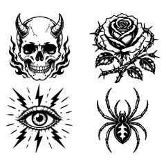Obraz premium Dark gothic tattoo flash set with demon skull thorn rose mystical eye and spider